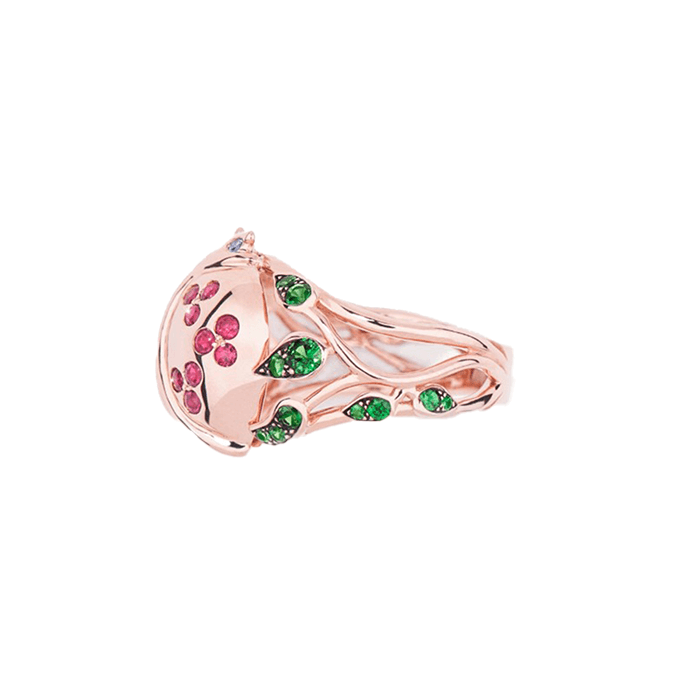Bague “Coccinelle feuillage en or rose”, rubis, saphirs, Tsavorites et diamants sur or rose - Aurélie Bidermann