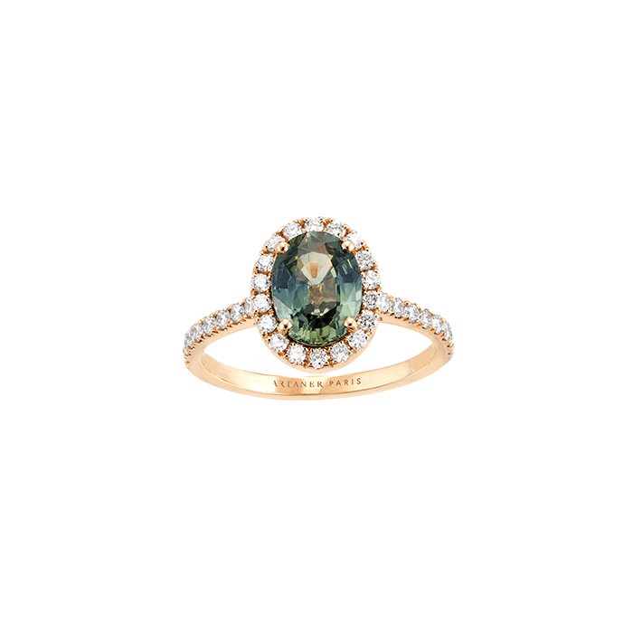 Bagues de fiançailles “Yasmine” en or rose, saphir vert naturel et diamants  - Artaner Paris
